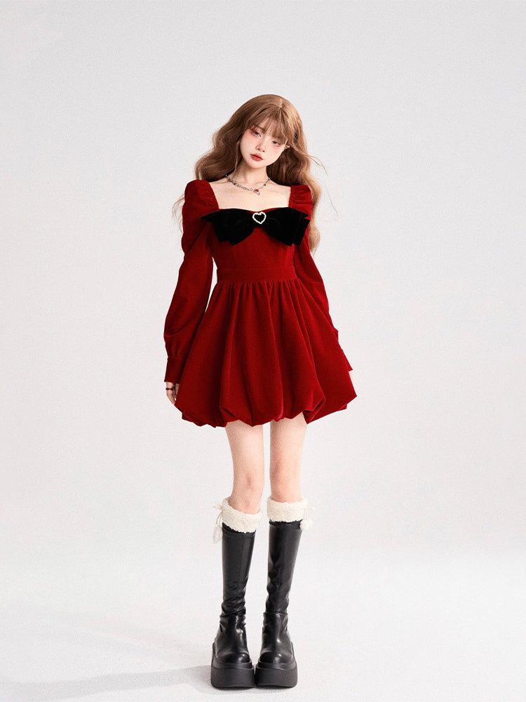 Red Bow Velvet Dress