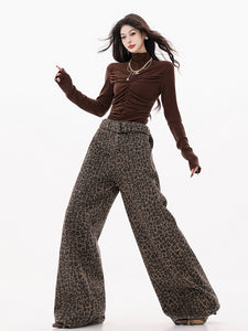 Late Autumn Ode - Leopard Print Fleece-Lined Thickened Jeans