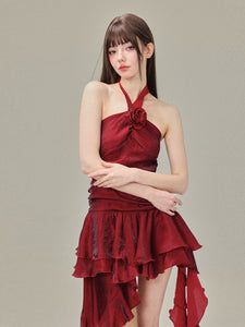 Island Satin Red Halter Dress