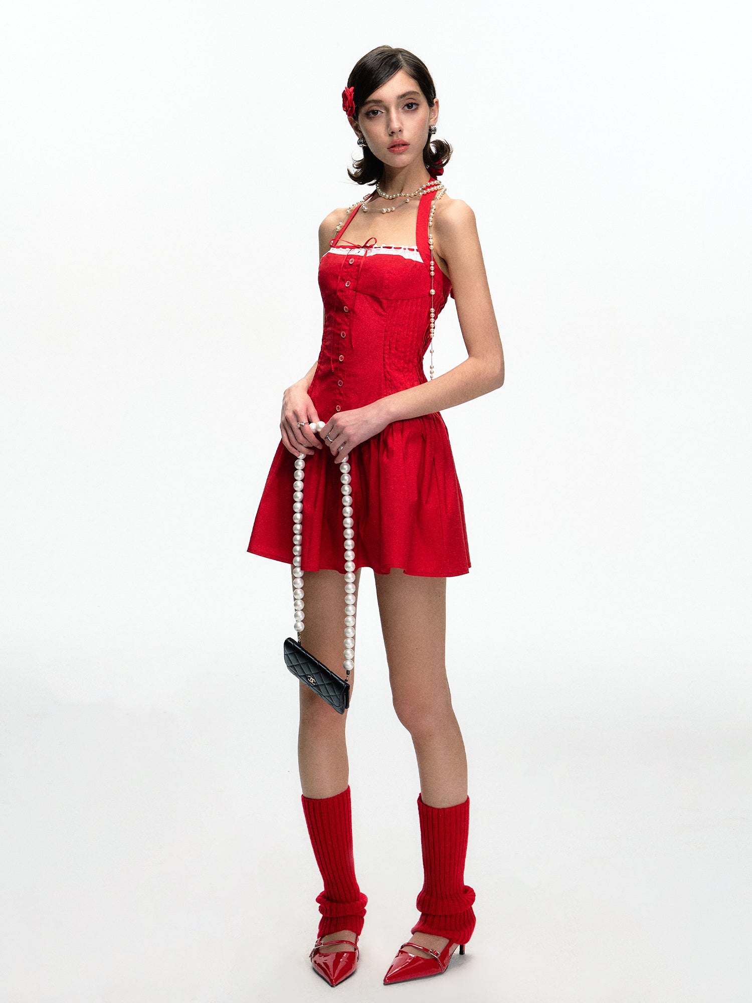 Elio Red Color-Blocked Lace Trim Halter Dress