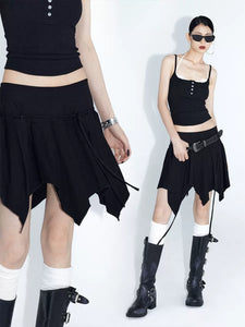 Black wide waist irregular short skirt