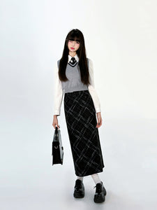 High Waisted Woolen Mid Length Skirt