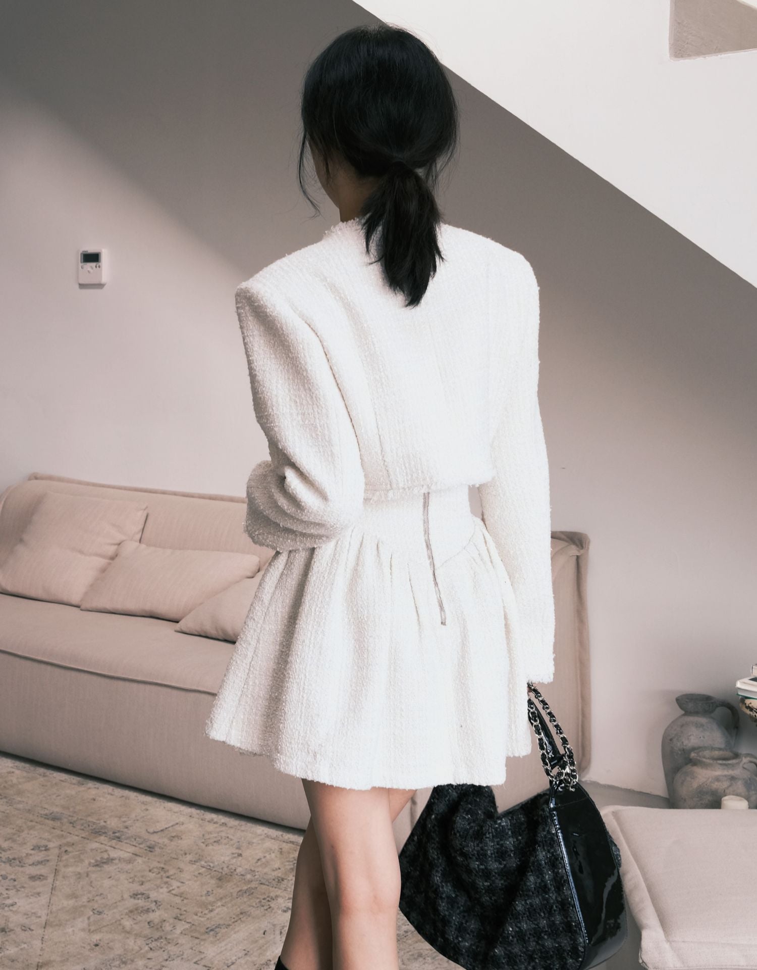 Sweet cool Chanel style suit Heavy tweed herringbone skirt/short jacket