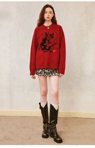 Red New Year sweater design round neck drop shoulder loose long sleeve knitted sweater