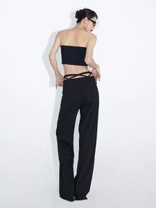 Black loose straight-leg suit pants with hollowed-out back waist