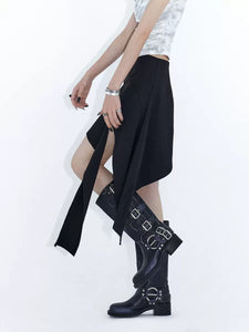 Slanted hem slit ribbon skirt