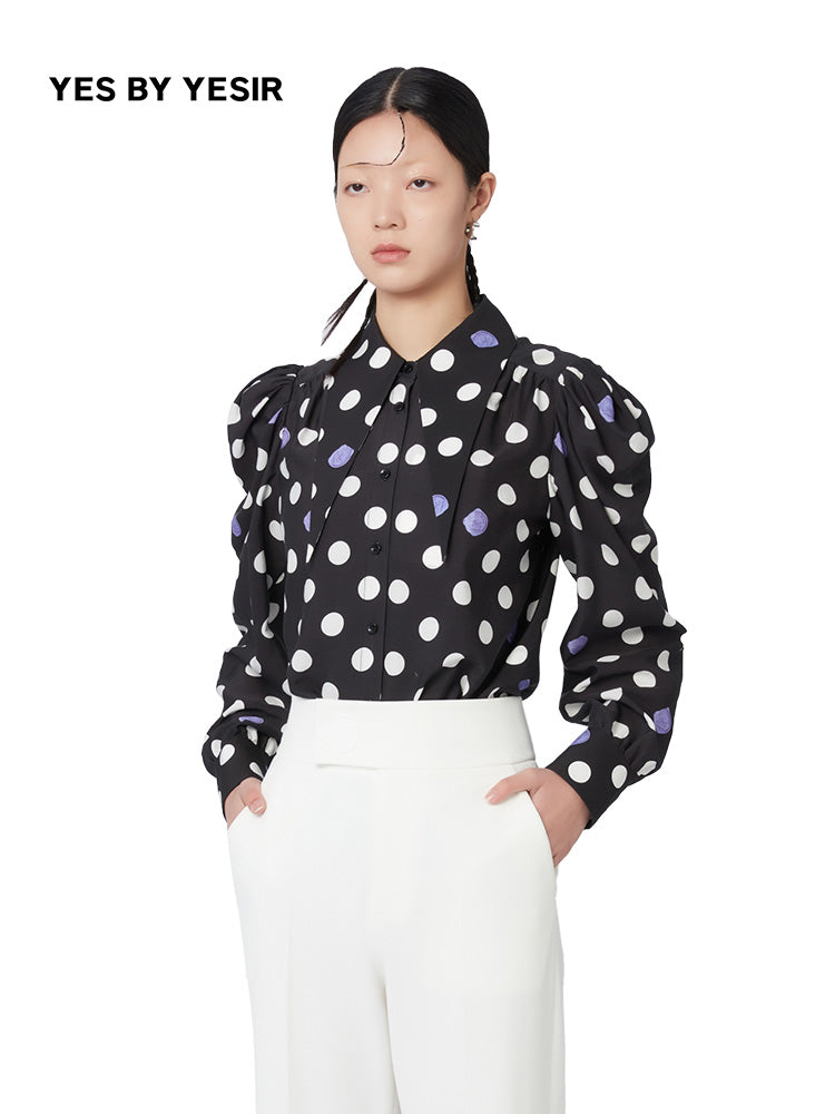 Wax Polka Dot Puff Sleeve Cotton Shirt