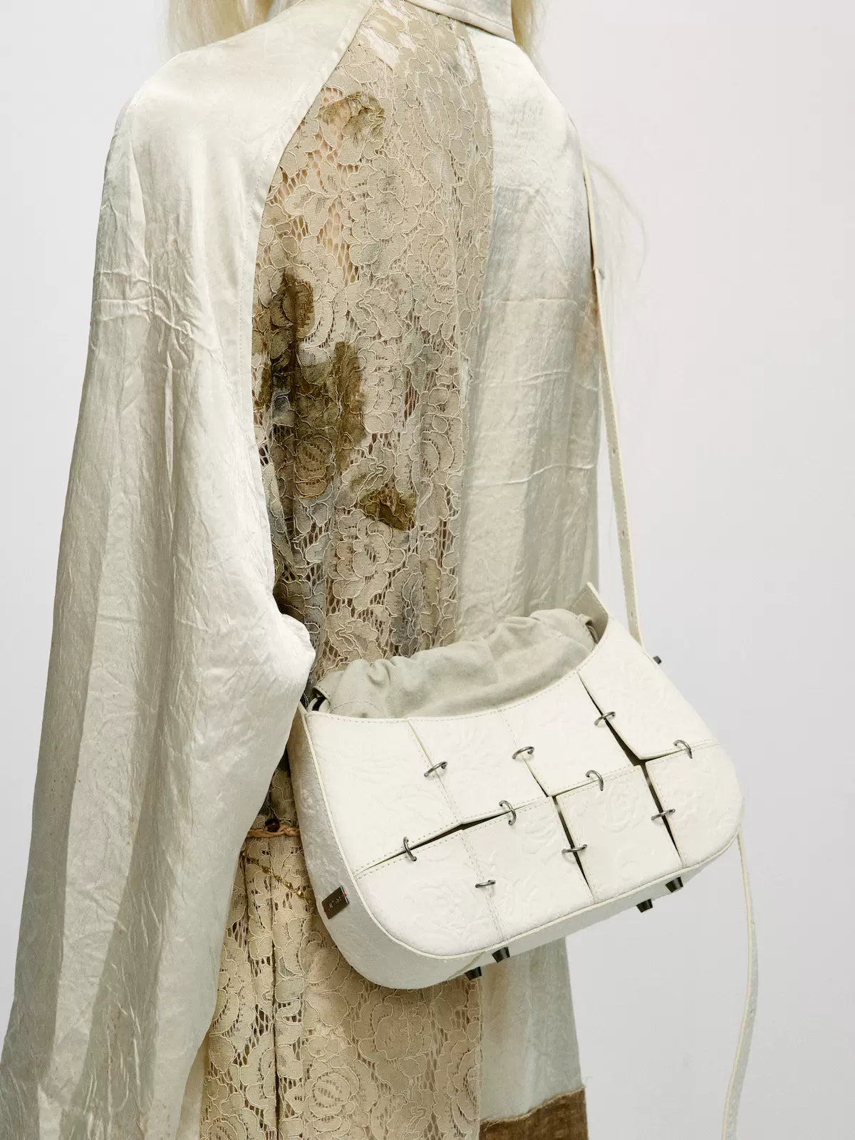 White embossed horse hair patchwork shoulder crossbody bag