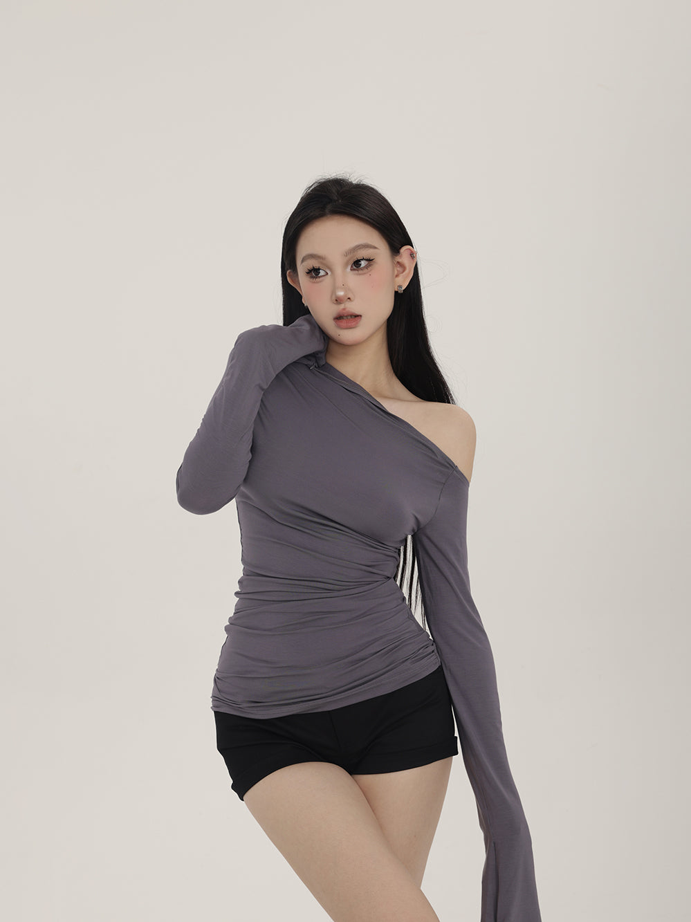 Asymmetrical Off-Shoulder Design Dopamine Long-Sleeve Top