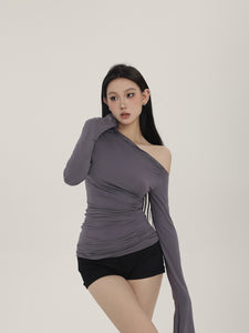 Asymmetrical Off-Shoulder Design Dopamine Long-Sleeve Top