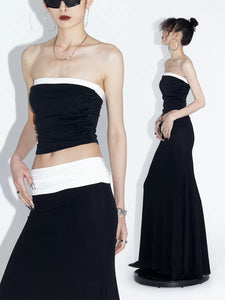 Black Pleated Drape Fishtail Skirt