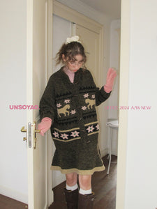 Vintage Christmas-Style Patterned Knit Cardigan Set