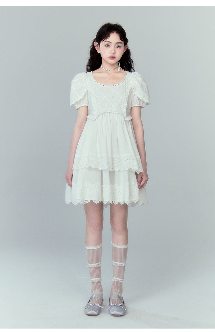 Fake two-piece petal sleeves white pure dress layered lace princess dress