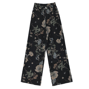 American Retro Flower Printed Wide-Leg Jeans