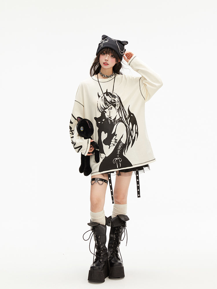 Dark Style Long Sleeved Printed Loose Pullover T-shirt