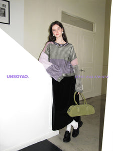 Vintage Green and Purple Color-Block Striped Sweater + Midi Skirt