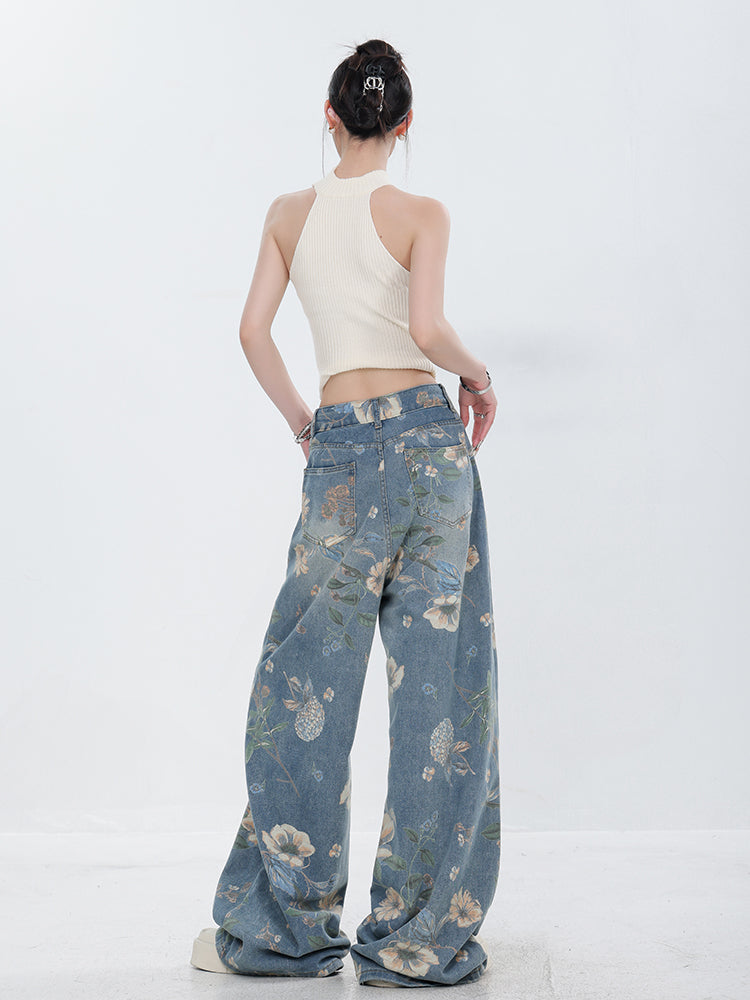 American Retro Flower Printed Wide-Leg Jeans