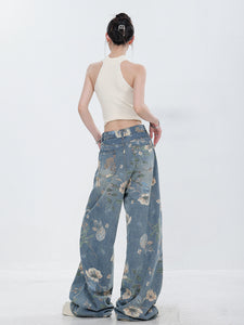 American Retro Flower Printed Wide-Leg Jeans