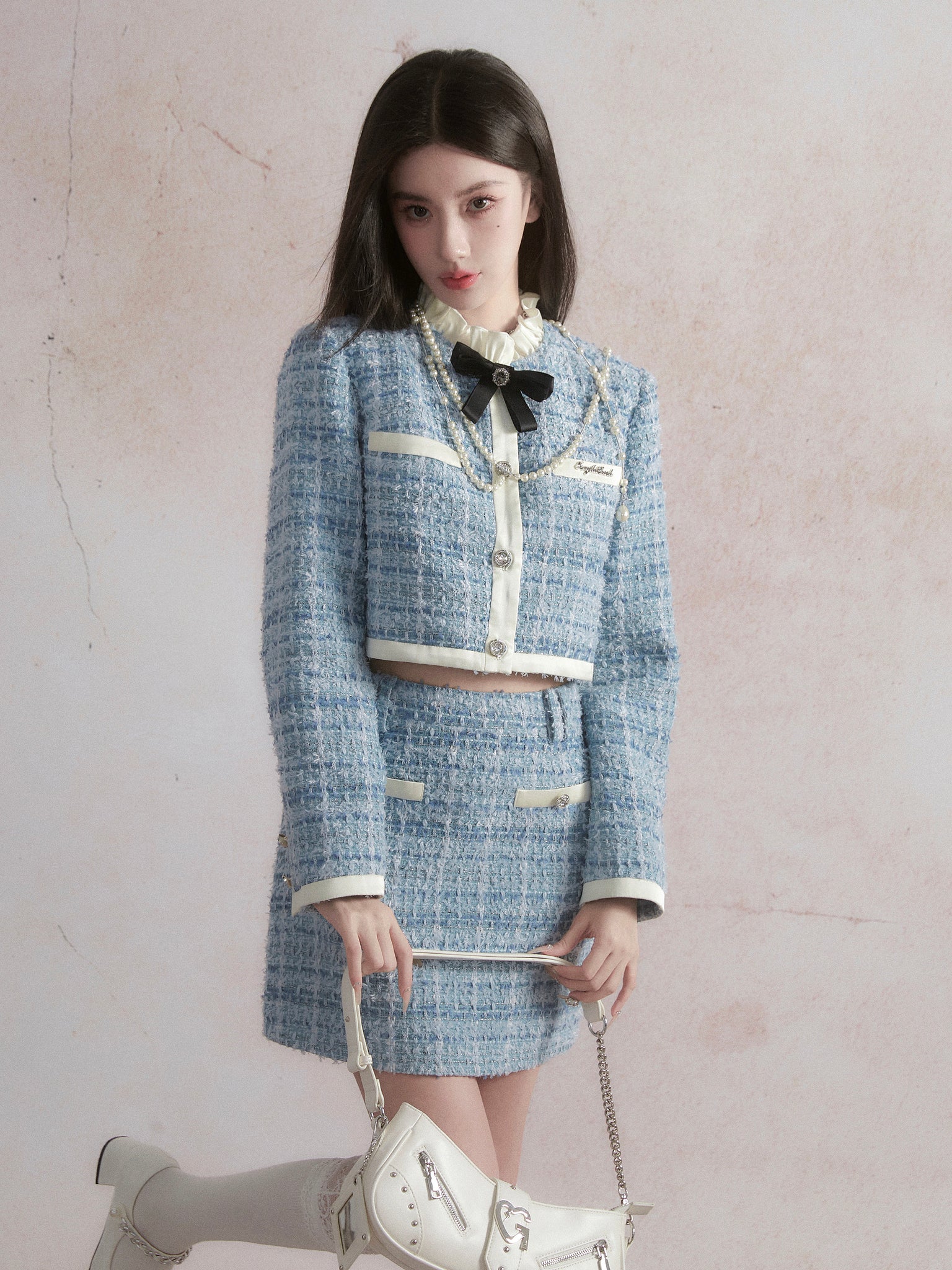 Blue Chanel Style Skirt Suit with Satin Tweed Jacket