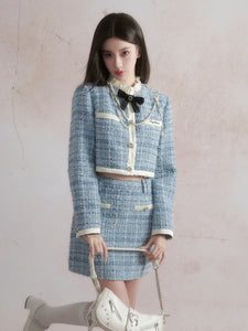 Blue Chanel Style Skirt Suit with Satin Tweed Jacket