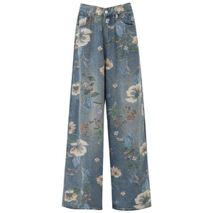 American Retro Flower Printed Wide-Leg Jeans