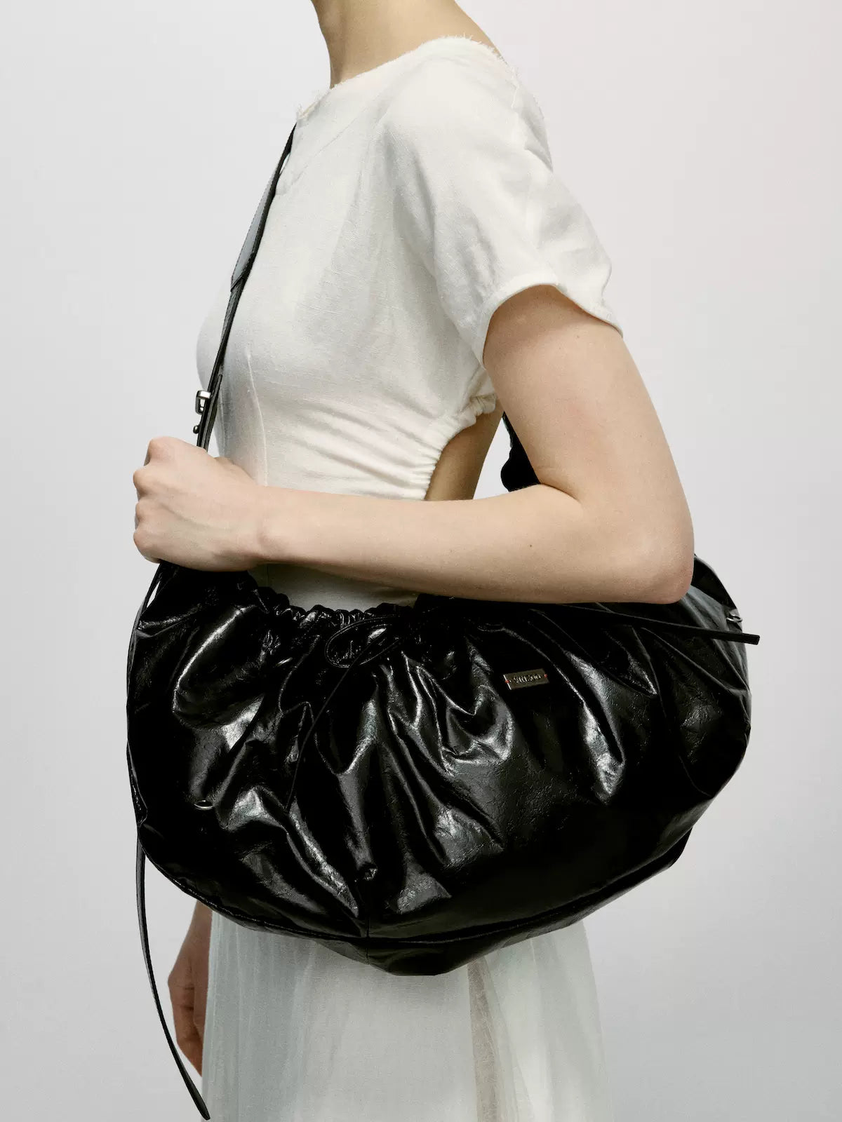 Black silk cowhide vintage shoulder crossbody bag