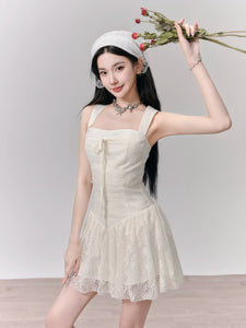 Lace patchwork wide shoulder dating suspender dress