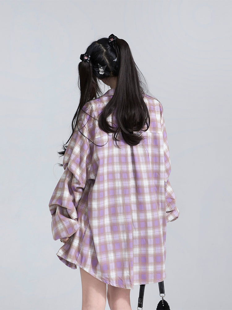 Hollow Star Thin Purple Checkered Long Sleeved Shirt