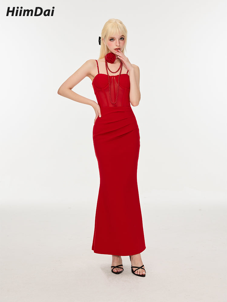 Fishbone waist cinching slimming knitted suspender dress