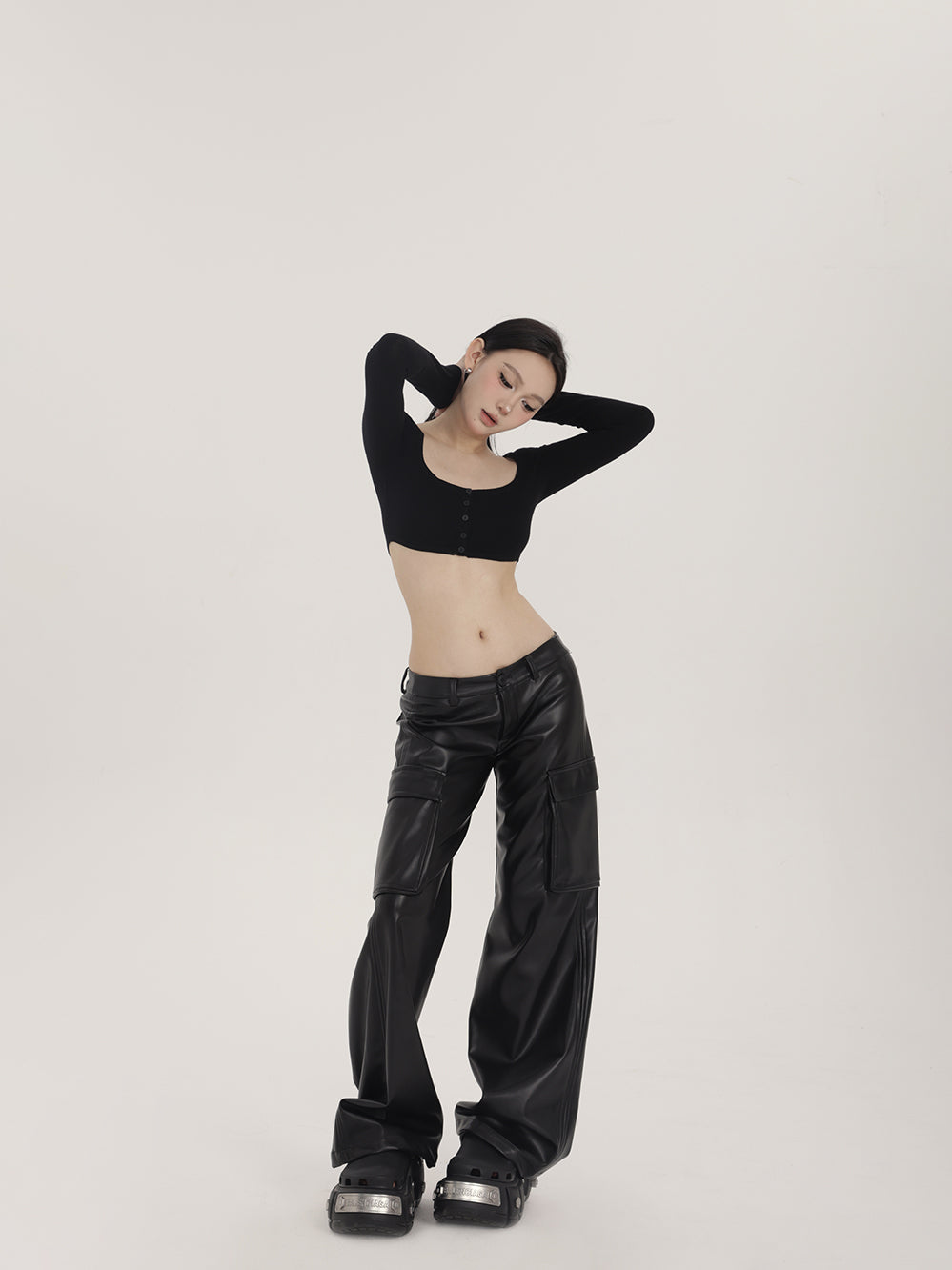 Low-Waist PU Leather Cargo Pants