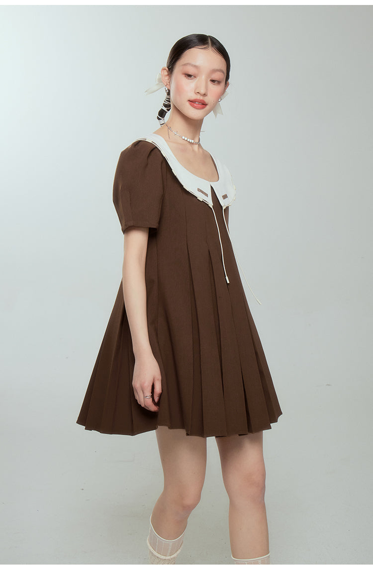 U-neck splicing A-line short skirt spring college style large lapel contrast color dress