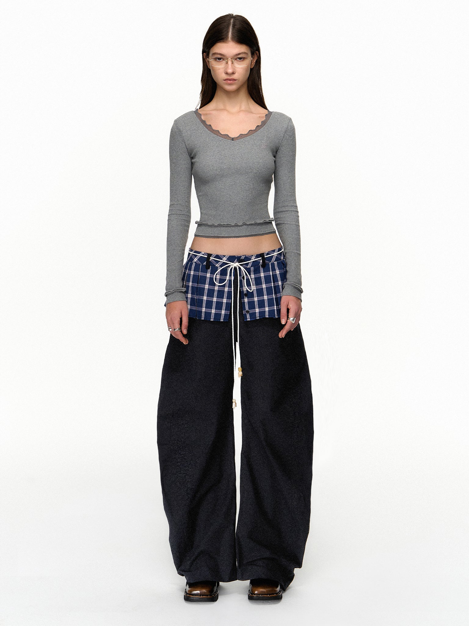 Seersucker Blue Plaid Spliced Hem Two-Piece Pants