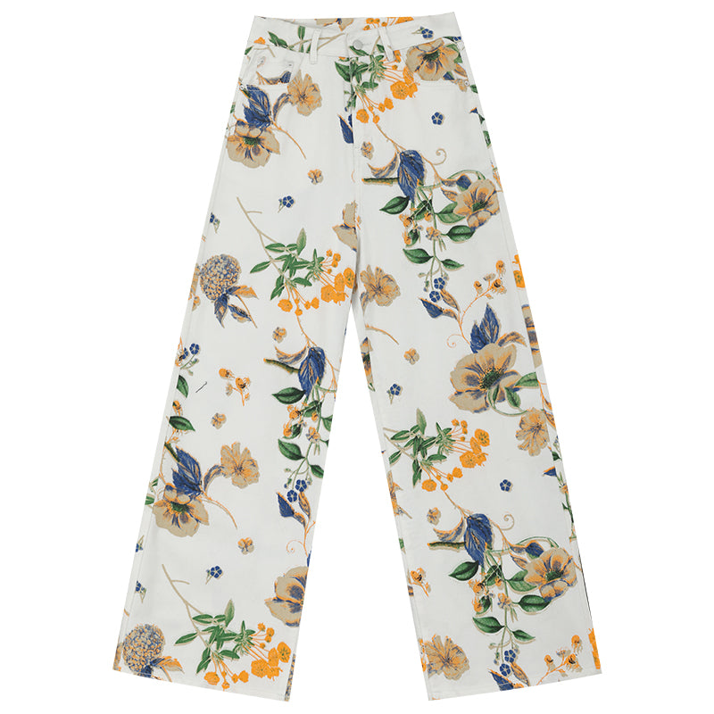 American Retro Flower Printed Wide-Leg Jeans