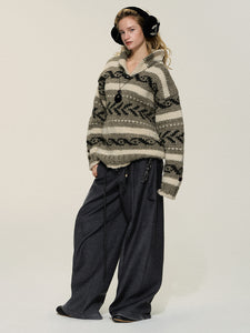 Gray Khaki Vintage Nordic Knit Jacquard Loose Casual Sweater
