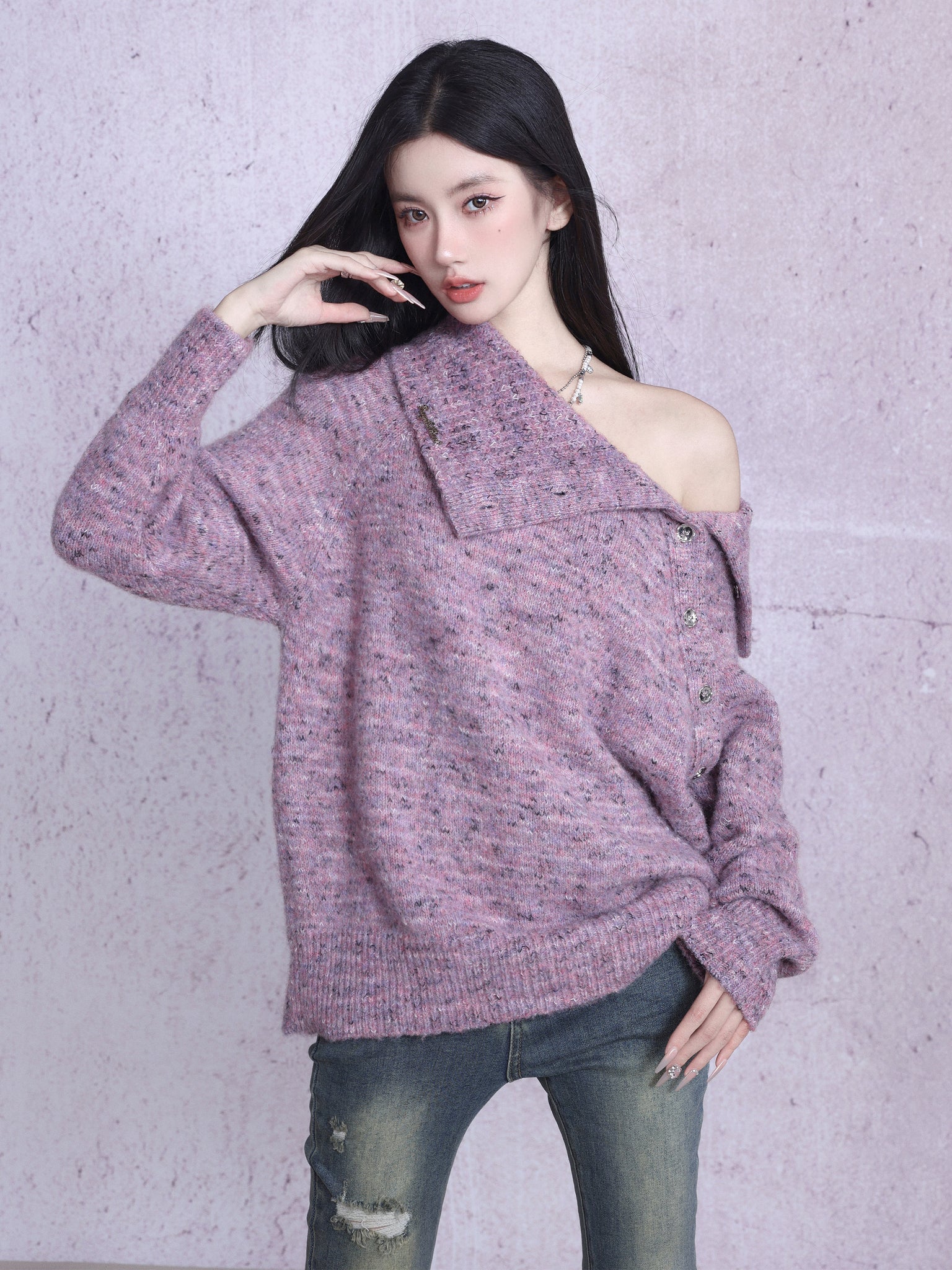 Soft Stretch Wool Off-shoulder Sweater Multi-wear Knit Cardigan