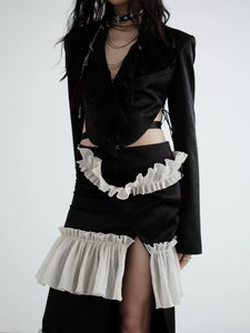 Ruffled contrast black white textured skirt