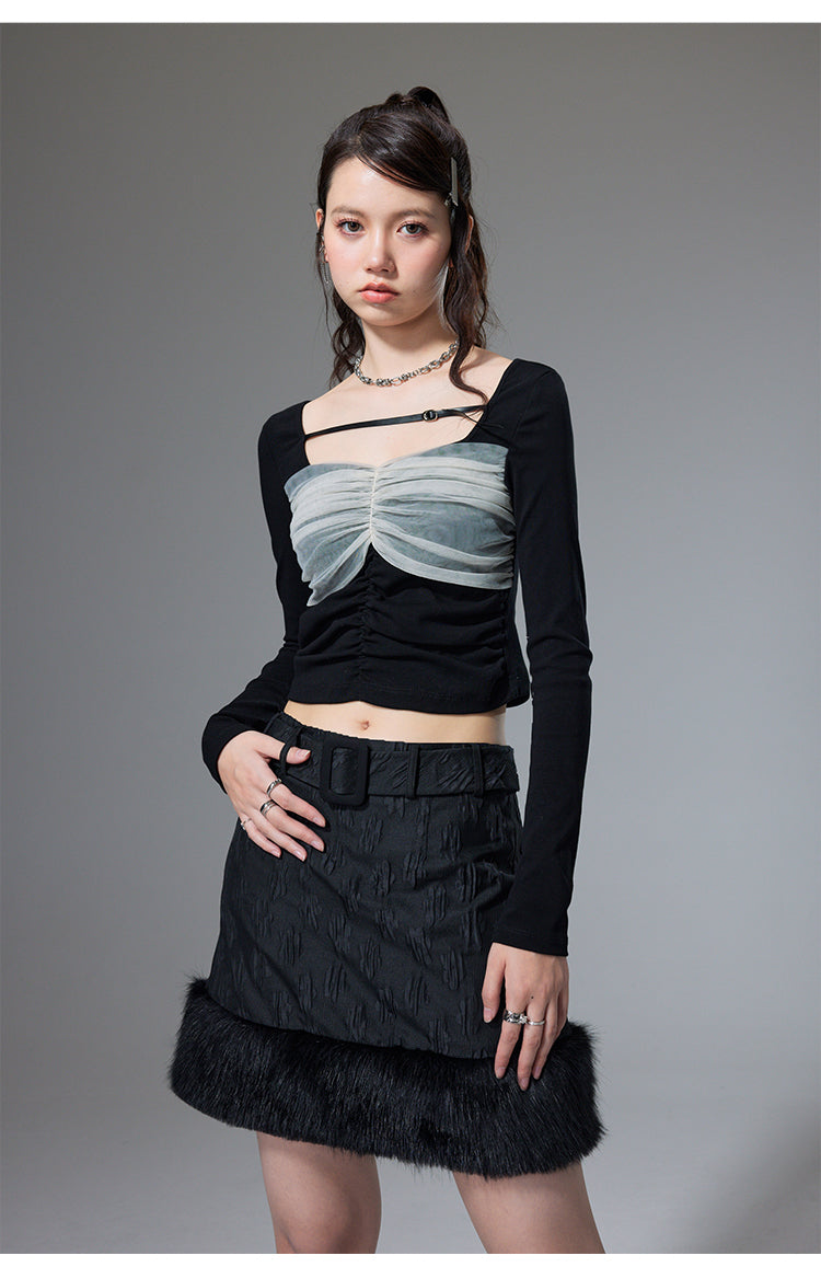 Mesh stitching pleated knitted tight bottoming shirt long sleeve top