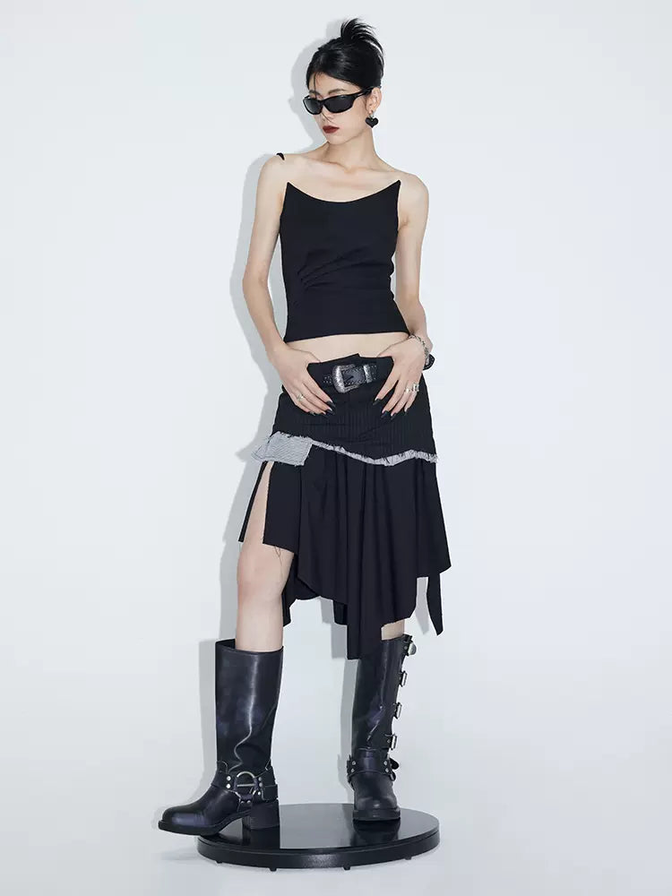 Black Striped Asymmetric Collar Pleated Vest