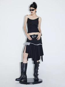 Black Striped Asymmetric Collar Pleated Vest