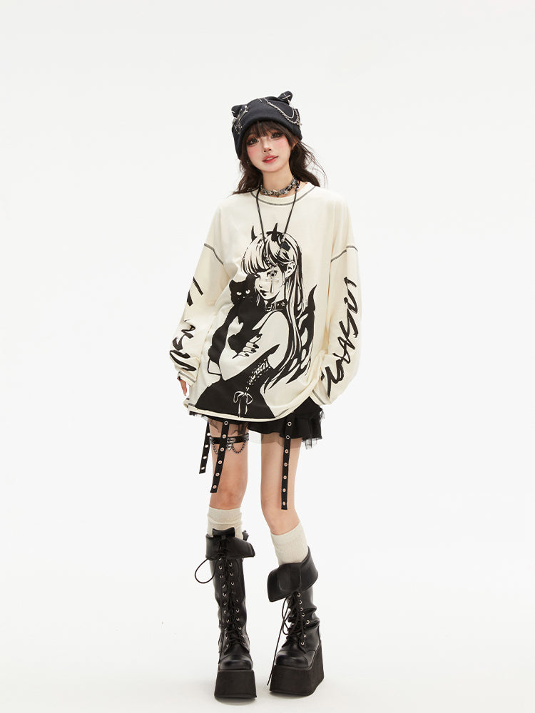 Dark Style Long Sleeved Printed Loose Pullover T-shirt