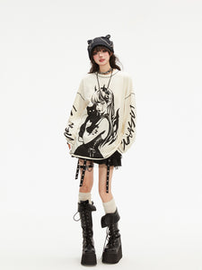 Dark Style Long Sleeved Printed Loose Pullover T-shirt