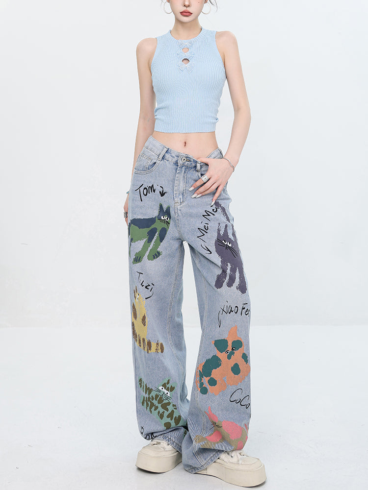 Quirky Player - Original Early Autumn Graffiti Print Jeans