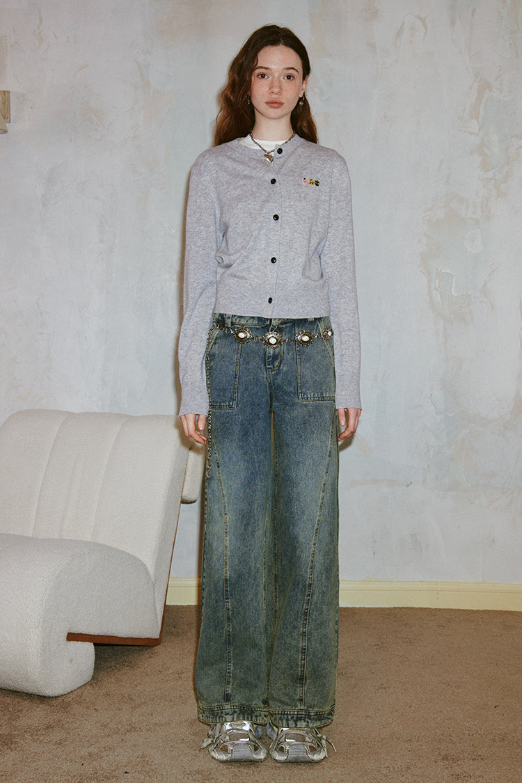 Vintage washed distressed double waist straight jeans high waist loose wide leg trousers