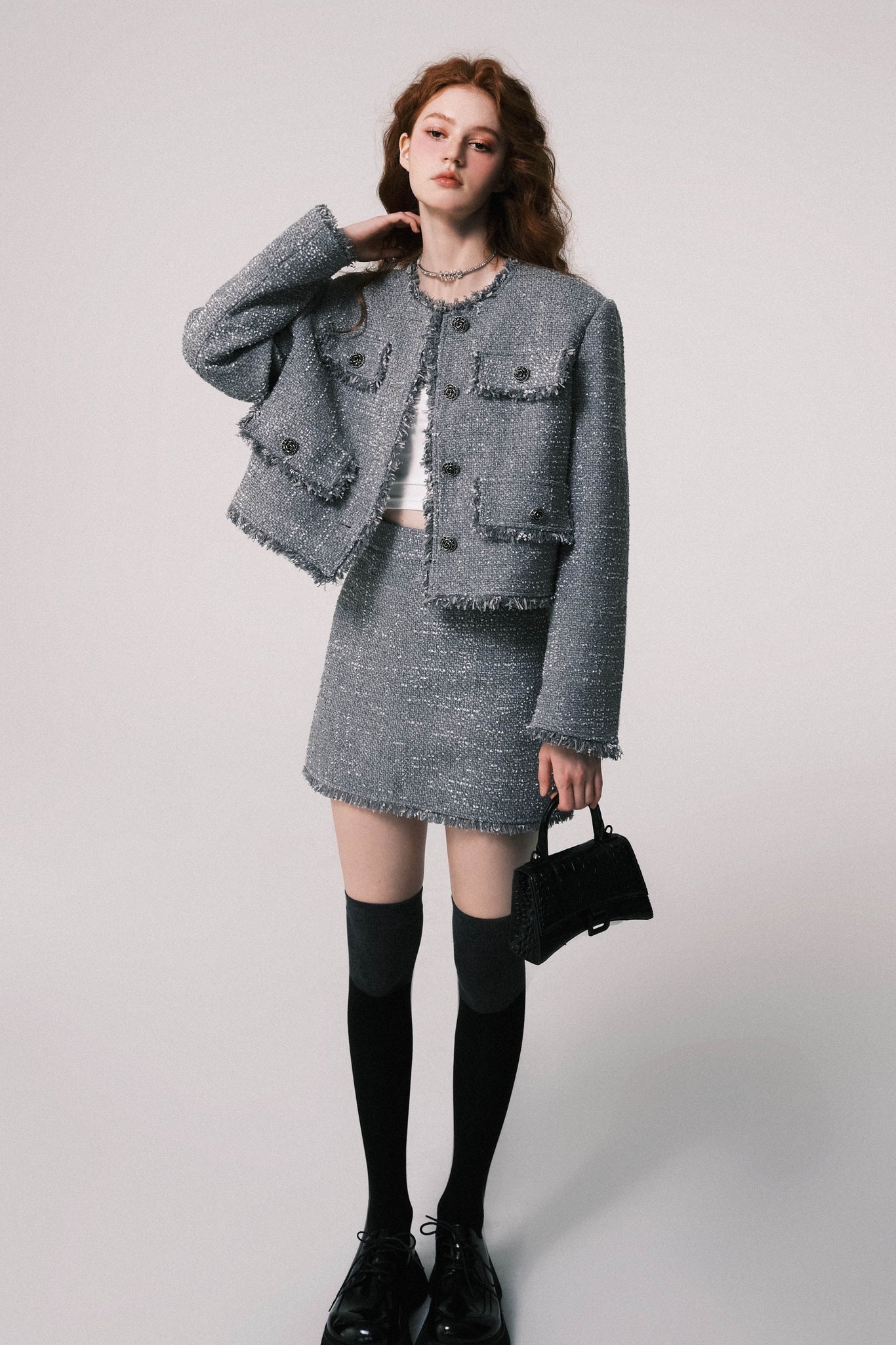 Silver-grey tweed Chanel style high waist mini skirt