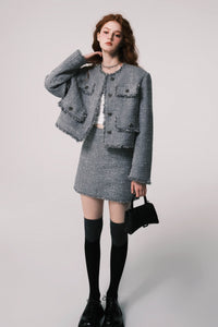 Silver-grey tweed Chanel style high waist mini skirt