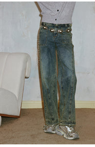 Vintage washed distressed double waist straight jeans high waist loose wide leg trousers