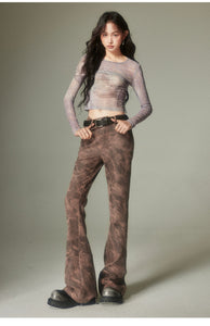 Retro hot girl pink black denim washed slightly flared straight pants