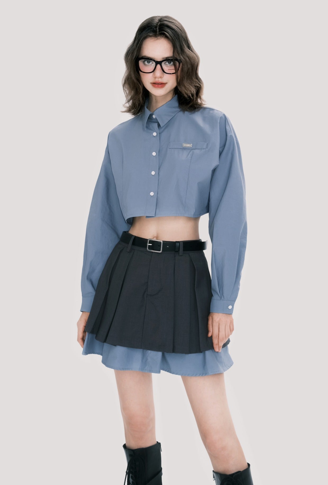 Preppy style low waist skirt shirt