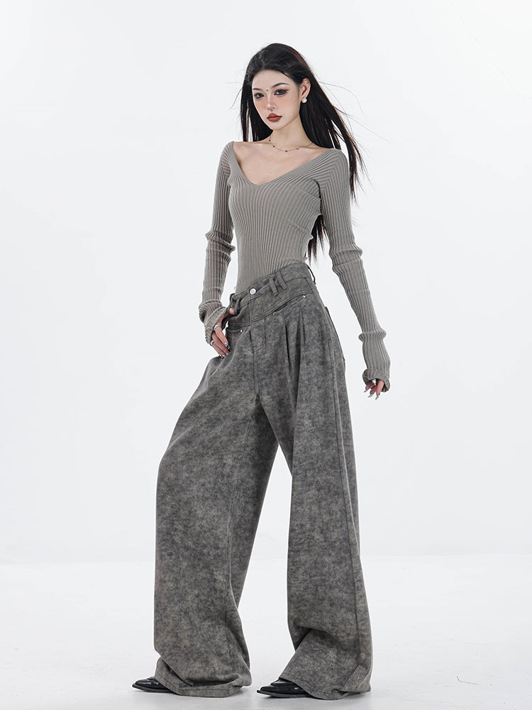 Fleece-Lined High-Waisted Gray Wide-Leg Jeans