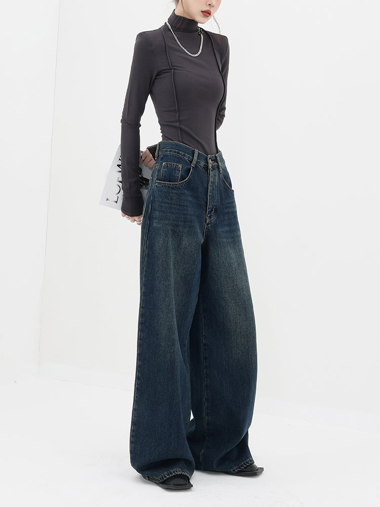 American Retro Dark Wide-Leg Straight Jeans